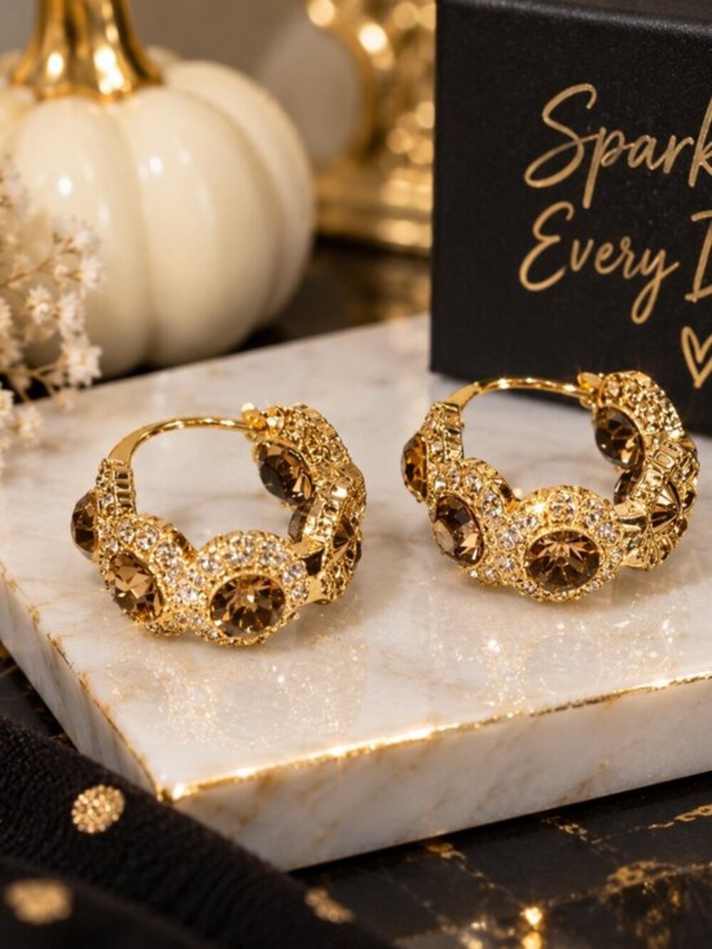 18K Gold Simulated Diamond Mahogany Huggie Hoop Earrings NWT